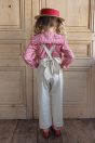 11-114ギンガムセーラーブラウス <br>(ピンク/★アカ) <br>・TODDLER￥18,480～(100～140cm) <br>・SISTER￥20,680-(150/160cm) <br>11-124フリルサロペットパンツ <br>(★アイボリー/サックス) <br>・TODDLER￥26,180～(100～140cm) <br>・SISTER￥30,580-(150/160cm) <br>11-130リボンキャノチェ <br>(ピンク/★アカ)￥25,080-(54/56cm) <br>11-138レースアップ柄ニーハイソックス <br>(★ピンク/サックス)￥3,520-(14～23cm) <br>11-009グリッターシューズ <br>(オフ白/ピンク/★アカ)￥12,980～(17～24cm)