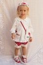 11-202ハートポケットうさぎジャケット <br>（ピンク/★オフ白） <br>・BABY￥16,280-(80/90cm) <br>・TODDLER￥17,380～(100～140cm) <br>11-214うさぎ付きフリルかぼちゃパンツ <br>（ピンク/★アカ） <br>・BABY￥15,180-(Fサイズ) <br>11-233うさぎ付きドットヘアバンド <br>（ピンク/★アカ）￥8,580-(Fサイズ) <br>11-238うさぎポシェット <br>（★オフ白）￥10,780-(Fサイズ) <br>11-061レースソックス <br>(★オフ白)￥3,080-(11～15cm) <br>10-234うさぎモチーフ付きシューズ <br>(ピンク/★アカ) ￥11,880～(13～18cm)