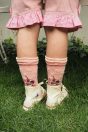11-314ギンガムリボンハーフパンツ <br>(アイボリー/★ピンク)￥17,380～(100～140cm) <br>11-334クレープ柄ソックス <br>(★ピンク/アカ)￥3,520（14～23㎝） <br>靴　参考商品