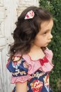 11-322シャーリークレーププリントワンピース <br>(ピンク/★コン) <br>・TODDLER￥33,880～(100～140cm) <br>・SISTER￥-(150/160cm) <br>11-332リボンクリップセット <br>（ピンク/★アカ）￥12,980～(Fサイズ)