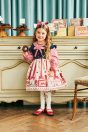 11-112 シャーリーチョコレートプリントワンピース <br>(★アイボリー/ミント)￥33,880～(100～140cm) <br>11-121 ハートリボンカチューシャ <br>(ピンク/★アカ)￥11,880-(Fサイズ) <br>11-126 シャーリーチョコレートニーハイソックス <br>(★オフ白/ミント)￥3,520-(14～23cm) <br>11-013・014・015 グリッターシューズ <br>(オフ白/ピンク/★アカ)￥12,980～(17～24cm)