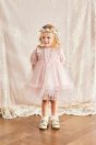 10-116 フラワーフェアリーワンピース <br>(★ピンク/サックス) <br>・BABY￥29,480-(80cm/90cm) <br>・TODDLER￥31,680～(100～140cm) <br>11-123 フラワークラウン <br>(★ピンク)￥20,680-(Fサイズ) <br>11-035 グログランリボンつきクルーソックス <br>(★オフ白)￥3,520-(11～23cm) <br>11-043・044リボンTストラップシューズ <br>(ピンク/アカ/★ゴールド) ¥11,880～(13～19cm)
