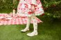 11-216 チェリーパッチワークプリントジャンパースカート <br>(ミント/★アカ)￥32,780～(100～140cm) <br>11-201 ダイヤ柄チェリーニットカーディガン <br>(★オフ白/ミント)￥26,180～(100～140cm/Fサイズ) <br>11-224 ダイヤ柄チェリーニーハイソックス <br>(★オフ白/ミント)￥3,520-(14～23cm) <br>11-013・014・015 グリッターシューズ <br>(★オフ白/ピンク/アカ)￥12,980～(17～24cm)