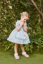 10-314 イースターアップリケエプロン風ワンピース <br>(ピンク/★サックス) <br>・BABY￥25,080-(80cm/90cm) <br>・TODDLER￥27,280～(100～140cm) <br>11-035 グログランリボンつきクルーソックス <br>(★オフ白)￥3,520-(11～23cm) <br>11-043・044リボンTストラップシューズ <br>(★ピンク/アカ/ゴールド) ¥11,880～(13～19cm)