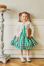11-400 透かしニットカーディガン <br>(★オフ白) <br>・BABY￥15,180-(80cm/90cm) <br>・TODDLER￥16,280～(100～140cm) <br>・SISTER￥18,480-(Fサイズ) <br>11-417 ブロックチェックチェリーワンピース <br>(★グリーン/クロ) <br>・TODDLER ￥20,680～(100cm～140cm) <br>・SISTER ￥22,880-(150cm/160cm) <br>11-035 グログランリボンつきクルーソックス <br>(★オフ白)￥3,520-(11～23cm) <br>11-013・014・015 グリッターシューズ <br>(★オフ白/ピンク/アカ)￥12,980～(17～24cm)