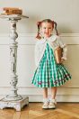 11-400 透かしニットカーディガン <br>(★オフ白) <br>・BABY￥15,180-(80cm/90cm) <br>・TODDLER￥16,280～(100～140cm) <br>・SISTER￥18,480-(Fサイズ) <br>11-417 ブロックチェックチェリーワンピース <br>(★グリーン/クロ) <br>・TODDLER ￥20,680～(100cm～140cm) <br>・SISTER ￥22,880-(150cm/160cm) <br>11-035 グログランリボンつきクルーソックス <br>(★オフ白)￥3,520-(11～23cm) <br>11-013・014・015 グリッターシューズ <br>(★オフ白/ピンク/アカ)￥12,980～(17～24cm)