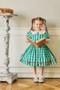 11-417 ブロックチェックチェリーワンピース <br>(★グリーン/クロ) <br>・TODDLER ￥20,680～(100cm～140cm) <br>・SISTER ￥22,880-(150cm/160cm) <br>11-035 グログランリボンつきクルーソックス <br>(★オフ白)￥3,520-(11～23cm) <br>11-013・014・015 グリッターシューズ <br>(★オフ白/ピンク/アカ)￥12,980～(17～24cm)
