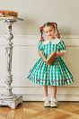 11-417 ブロックチェックチェリーワンピース <br>(★グリーン/クロ) <br>・TODDLER ￥20,680～(100cm～140cm) <br>・SISTER ￥22,880-(150cm/160cm) <br>11-035 グログランリボンつきクルーソックス <br>(★オフ白)￥3,520-(11～23cm) <br>11-013・014・015 グリッターシューズ <br>(★オフ白/ピンク/アカ)￥12,980～(17～24cm)