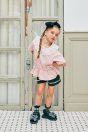 11-406 ロゴプリントペプラムフリルチュニック <br>(★ピンク/クロ) <br>・TODDLER￥12,980～(100～140cm) <br>・SISTER￥15,180-(150/160cm) <br>11-409 プチリボンショートパンツ <br>(サックス/★クロ) <br>・TODDLER ￥12,980～(100cm～140cm) <br>・SISTER ￥15,180-(150cm/160cm) <br>11-426 ギンガムチェリーソックス <br>(サックス/★クロ)￥3,300-(14～23cm) <br>11-325・326・327 ダブルリボンスポーツサンダル <br>(オフ白/★クロ/パープル)￥12,980～(17～24cm)