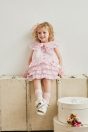 10-461 キャンディカラーフリルワンピース <br>(★ピンク/サックス) <br>・BABY￥29,480-(80cm/90cm) <br>・TODDLER￥31,680～(100～140cm) <br>10-474 ドット透かし柄ソックス <br>(オフ白/★ピンク/サックス)￥3,520-(9～20cm) <br>10-018リボンスカラップサンダル <br>(★オフ白/ピンク/アカ)￥11,880～(14～21cm)