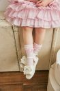 10-461 キャンディカラーフリルワンピース <br>(★ピンク/サックス) <br>・BABY￥29,480-(80cm/90cm) <br>・TODDLER￥31,680～(100～140cm) <br>10-474 ドット透かし柄ソックス <br>(オフ白/★ピンク/サックス)￥3,520-(9～20cm) <br>10-018リボンスカラップサンダル <br>(★オフ白/ピンク/アカ)￥11,880～(14～21cm)