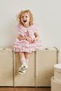 10-461 キャンディカラーフリルワンピース <br>(★ピンク/サックス) <br>・BABY￥29,480-(80cm/90cm) <br>・TODDLER￥31,680～(100～140cm) <br>10-474 ドット透かし柄ソックス <br>(オフ白/★ピンク/サックス)￥3,520-(9～20cm) <br>10-018リボンスカラップサンダル <br>(★オフ白/ピンク/アカ)￥11,880～(14～21cm)