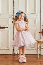 11-465 マリンサンドレス <br>(オフ白/★ピンク) <br>・TODDLER ￥31,680～(100cm～140cm) <br>・SISTER ￥36,080-(150cm/160cm) <br>11-035 グログランリボンつきクルーソックス <br>(★オフ白)￥3,520-(11～23cm) <br>11-018リボンスカラップサンダル <br>(オフ白/★ピンク/アカ)￥11,880～(15～21cm)