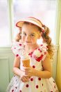 11-415 アイスクリームショッププリントサンドレス <br>(ミント/★アカ) <br>・TODDLER ￥33,880～(100cm～140cm) <br>・SISTER ￥38,280-(150cm/160cm) <br>11-420 ボンネットハット <br>(ミント/★アカ)￥25,080-(Fサイズ) <br>11-422 アイスクリームリボンクリップ <br>(ミント/★アカ)￥19,580-(Fサイズ)