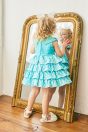 10-414 ドットフリルワンピース <br>(キイロ/★ブルー) <br>・BABY￥27,280-(80cm/90cm) <br>・TODDLER￥29,480～(100cm～140cm) <br>11-327リボンスカラップサンダル <br>(★オフ白/ピンク/アカ)￥11,880～(15～21cm)