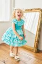 10-414 ドットフリルワンピース <br>(キイロ/★ブルー) <br>・BABY￥27,280-(80cm/90cm) <br>・TODDLER￥29,480～(100cm～140cm) <br>11-327リボンスカラップサンダル <br>(★オフ白/ピンク/アカ)￥11,880～(15～21cm)