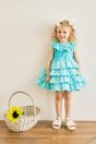 10-414 ドットフリルワンピース <br>(キイロ/★ブルー) <br>・BABY￥27,280-(80cm/90cm) <br>・TODDLER￥29,480～(100cm～140cm) <br>11-327リボンスカラップサンダル <br>(★オフ白/ピンク/アカ)￥11,880～(15～21cm)