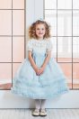 11-681 リボンロングドレス <br>(★サックス/パープル) <br>・TODDLER ￥87,780～(100cm～140cm) <br>・SISTER ￥91,630-(150cm/160cm) <br>11-017あみタイツ <br>(★オフ白)￥2,860-(120/135cm) <br>11-013・014・015 グリッターシューズ <br>(★オフ白/ピンク/アカ)￥12,980～(17～24cm)