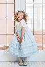 11-681 リボンロングドレス <br>(★サックス/パープル) <br>・TODDLER ￥87,780～(100cm～140cm) <br>・SISTER ￥91,630-(150cm/160cm) <br>11-017あみタイツ <br>(★オフ白)￥2,860-(120/135cm) <br>11-013・014・015 グリッターシューズ <br>(★オフ白/ピンク/アカ)￥12,980～(17～24cm)