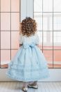 11-681 リボンロングドレス <br>(★サックス/パープル) <br>・TODDLER ￥87,780～(100cm～140cm) <br>・SISTER ￥91,630-(150cm/160cm) <br>11-017あみタイツ <br>(★オフ白)￥2,860-(120/135cm) <br>11-013・014・015 グリッターシューズ <br>(★オフ白/ピンク/アカ)￥12,980～(17～24cm)