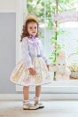 11-666 フラワーパークプリントエプロン風ジャンパースカート <br>(★アイボリー/ピンク) <br>・TODDLER ￥36,080～(100cm～140cm) <br>・SISTER ￥40,480-(150cm/160cm) <br>11-653 リボンフリル襟プルオーバー <br>(オフ白/★パープル) <br>・TODDLER ￥19,580～(100cm～140cm) <br>・SISTER ￥21,780-(150cm/160cm) <br>11-652 リボン柄カーディガン <br>(ピンク/★パープル) <br>・TODDLER ￥22,880～(100cm～140cm) <br>・SISTER ￥27,780-(Fサイズ) <br>11-671 フラワーボンネット <br>(ピンク/★パープル)￥29,480-(Fサイズ) <br>11-674 はしごリボンフリルソックス <br>(アイボリー/★パープル)￥3,520-(14～23cm) <br>11-013・014・015 グリッターシューズ <br>(★オフ白/ピンク/アカ)￥12,980～(17～24cm)