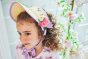 11-653 リボンフリル襟プルオーバー <br>(オフ白/★パープル) <br>・TODDLER ￥19,580～(100cm～140cm) <br>・SISTER ￥21,780-(150cm/160cm) <br>11-671 フラワーボンネット <br>(ピンク/★パープル)￥29,480-(Fサイズ)