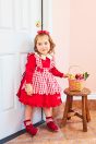 10-716 赤ずきんワンピース <br>(★アカ) <br>・BABY￥27,280-(80cm/90cm) <br>・TODDLER￥29,480～(100～140cm) <br>11-727 ギンガムフリルソックス <br>(★アカ)￥3,520-(13～20cm) <br>10-523・524 布リボンストラップシューズ <br>(ピンク/★アカ/クロ)￥11,880～(14～21cm) <br>※19～21cmはアカ/クロ 2色のご用意です。