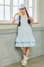 12-416/11-416ガーリーポロワンピース<br> (クロ/★サックス)<br> ・TODDLER￥16,280～(110～140cm)<br> ・SISTER￥18,480-(150/160cm)<br> 12-427ギンガムリボンキャップ<br> (ピンク/★サックス)<br> ・TODDLER￥14,080-(Fサイズ)<br> 14-210レース＆リボンソックス<br> (★オフ白/クロ)￥4,180-(22～24cm)<br> 靴　参考商品
