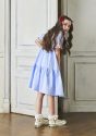 11-464/12-464チェリーフリルカラーカットソーワンピース<br> (クロ/★サックス)<br> ・TODDLER￥19,580～(110～140cm)<br> ・SISTER￥21,780-(150/160cm)<br> 14-210レース＆リボンソックス<br> (★オフ白/クロ)￥4,180-(22～24cm)<br> 靴　参考商品