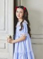 11-464/12-464チェリーフリルカラーカットソーワンピース<br> (クロ/★サックス)<br> ・TODDLER￥19,580～(110～140cm)<br> ・SISTER￥21,780-(150/160cm)<br> 14-210レース＆リボンソックス<br> (★オフ白/クロ)￥4,180-(22～24cm)<br> 靴　参考商品